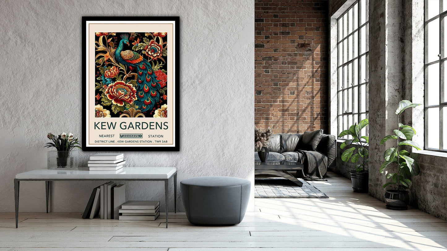 Kew Gardens Poster, Kew Gardens Tube Station Print, Peacock Poster, Home Decor, Wall Art, Flower Poster, Peacock Flower Print