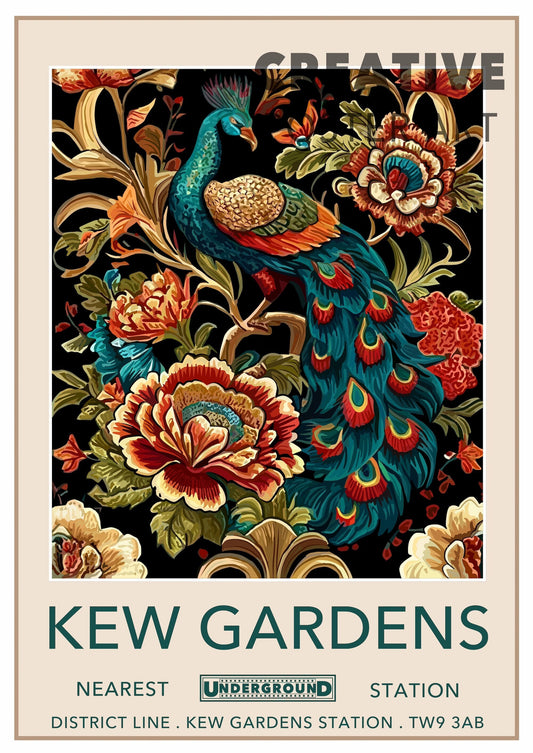 Kew Gardens Poster, Kew Gardens Tube Station Print, Peacock Poster, Home Decor, Wall Art, Flower Poster, Peacock Flower Print