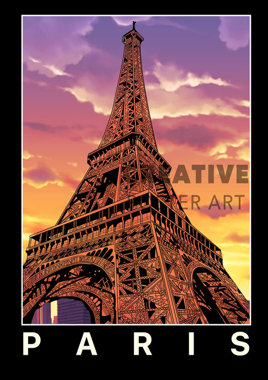 Paris Poster,Eiffel Tower Wall Art, Home Decor, Gift Idea, Paris Sunset Travel Print, Eiffel Tower Poster, Digital Art, France Poster